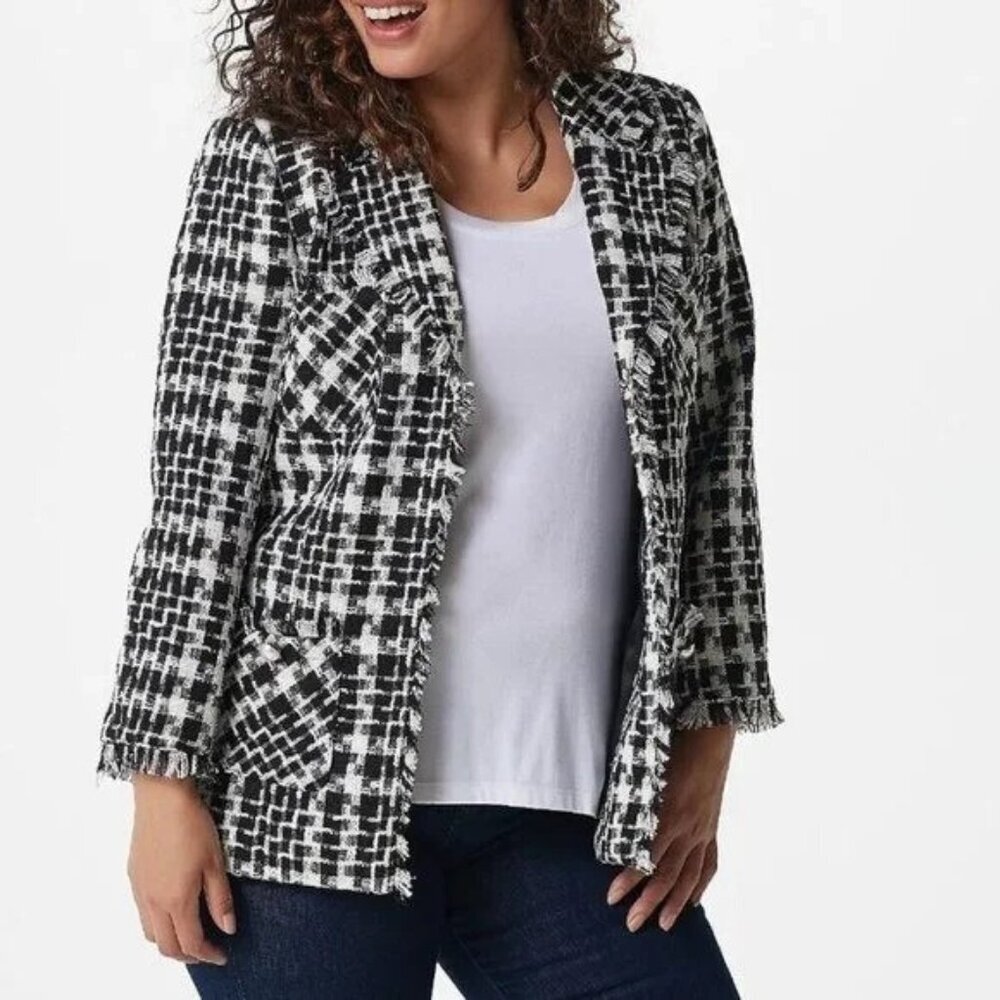 Dennis Basso Tweed Blazer Frayed Lapel Navy White Plaid Open Blazer P6753